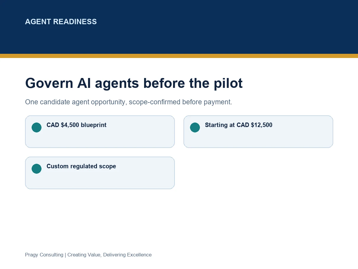 AI Agent Readiness and Governance Accelerator card showing readiness blueprint, governance controls, human review and pilot decision.