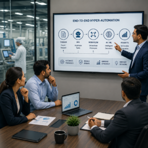 Business team reviewing automation workflows and operational dashboards