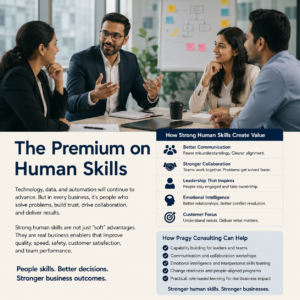 Business leaders and operations professionals discussing performance improvement, collaboration, and human skills in a professional meeting setting.
