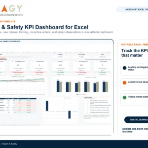 Health & Safety KPI Dashboard for Excel cover image using actual product workbook captures.