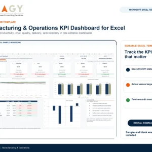 Manufacturing & Operations KPI Dashboard for Excel cover image using actual product workbook captures.