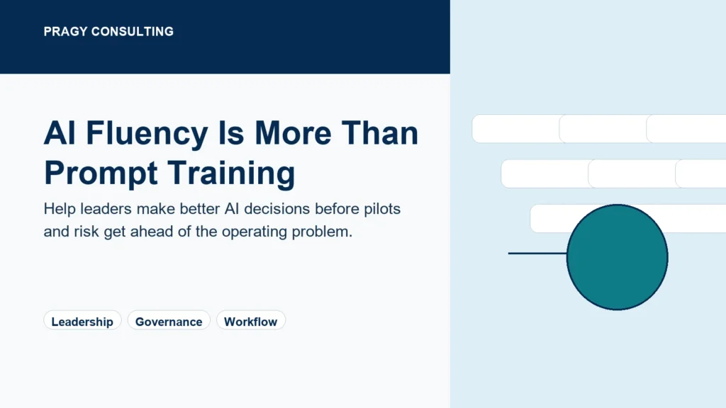 Illustrative AI Fluency for Operations Leaders program preview showing learning outcomes, decision frameworks, case studies, human review, and next-step planning.