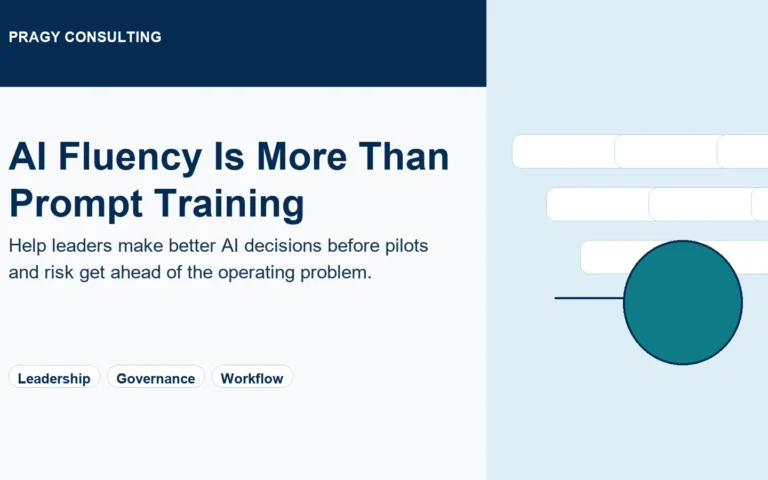 Illustrative AI Fluency for Operations Leaders program preview showing learning outcomes, decision frameworks, case studies, human review, and next-step planning.