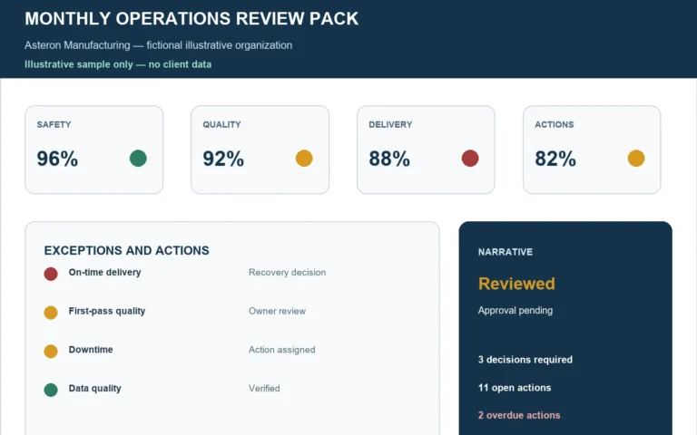 Illustrative operations review system connecting KPI status, exceptions, actions, decisions, and human-approved narrative.