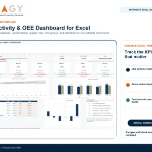Productivity & OEE Dashboard for Excel cover image using actual product workbook captures.