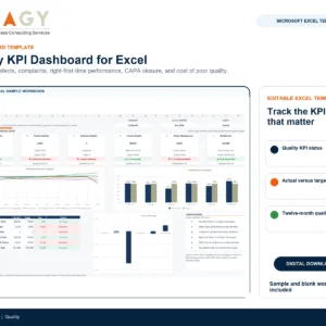 Quality KPI Dashboard for Excel cover image using actual product workbook captures.