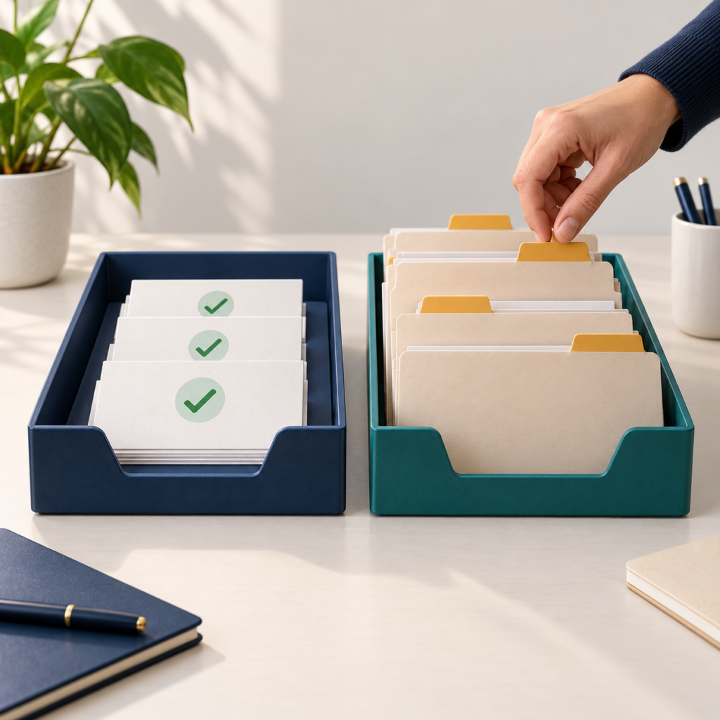 Completed cards with green checks in a navy tray beside amber-tabbed folders in a teal queue, with a hand selecting a waiting folder.