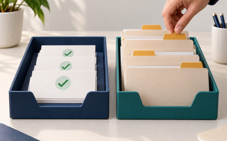 Completed cards with green checks in a navy tray beside amber-tabbed folders in a teal queue, with a hand selecting a waiting folder.