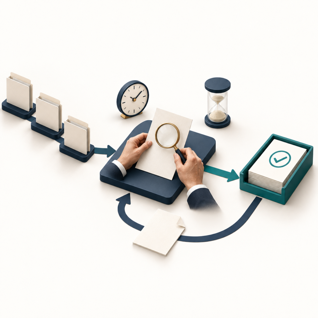 Illustration of hands reviewing a document in a workflow with a clock, hourglass, accepted-document tray and correction loop.