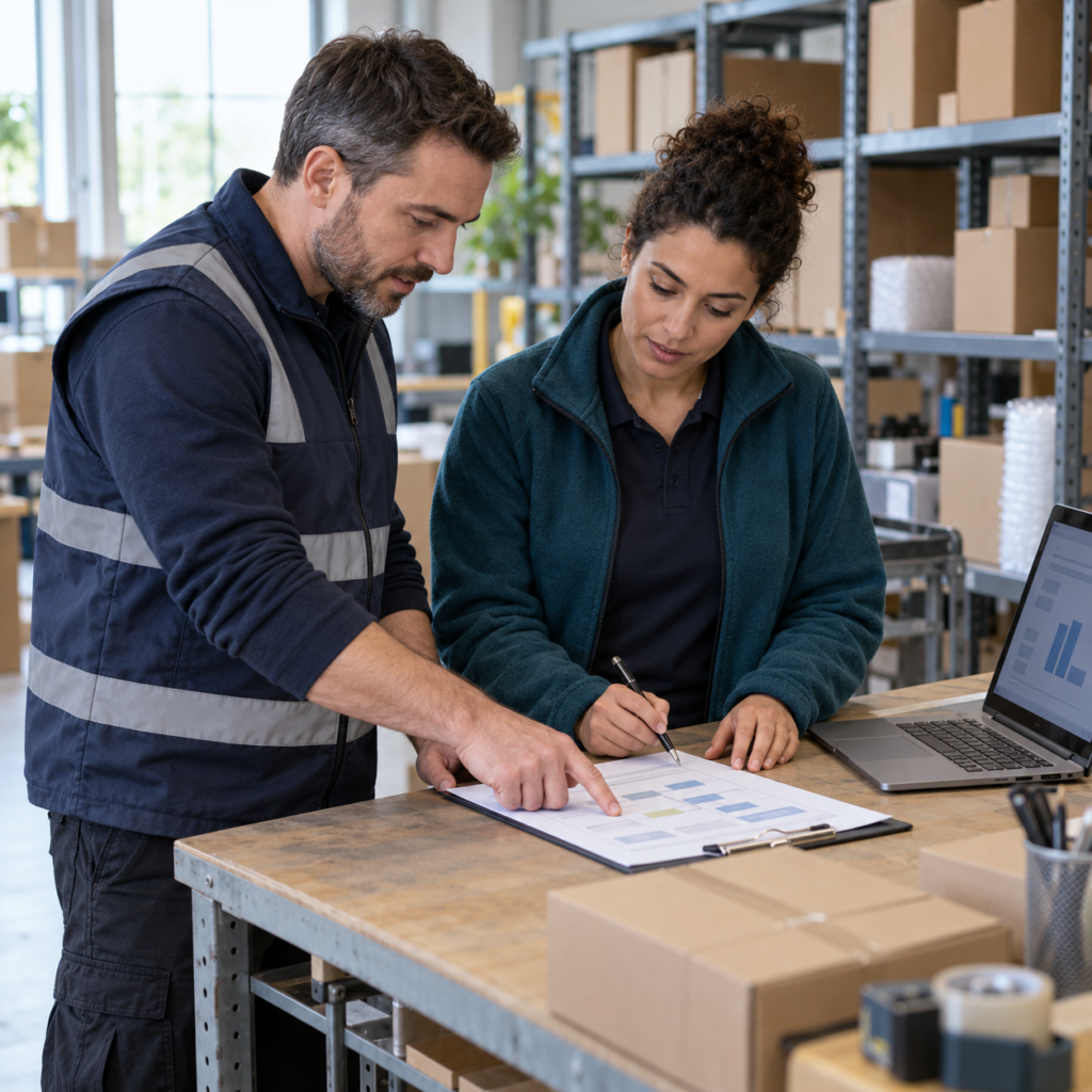 Two colleagues review a handover record at a packing bench, one pointing while the other writes, with a laptop and boxes nearby.