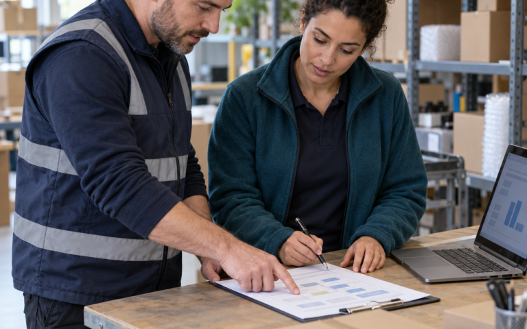 Two colleagues review a handover record at a packing bench, one pointing while the other writes, with a laptop and boxes nearby.