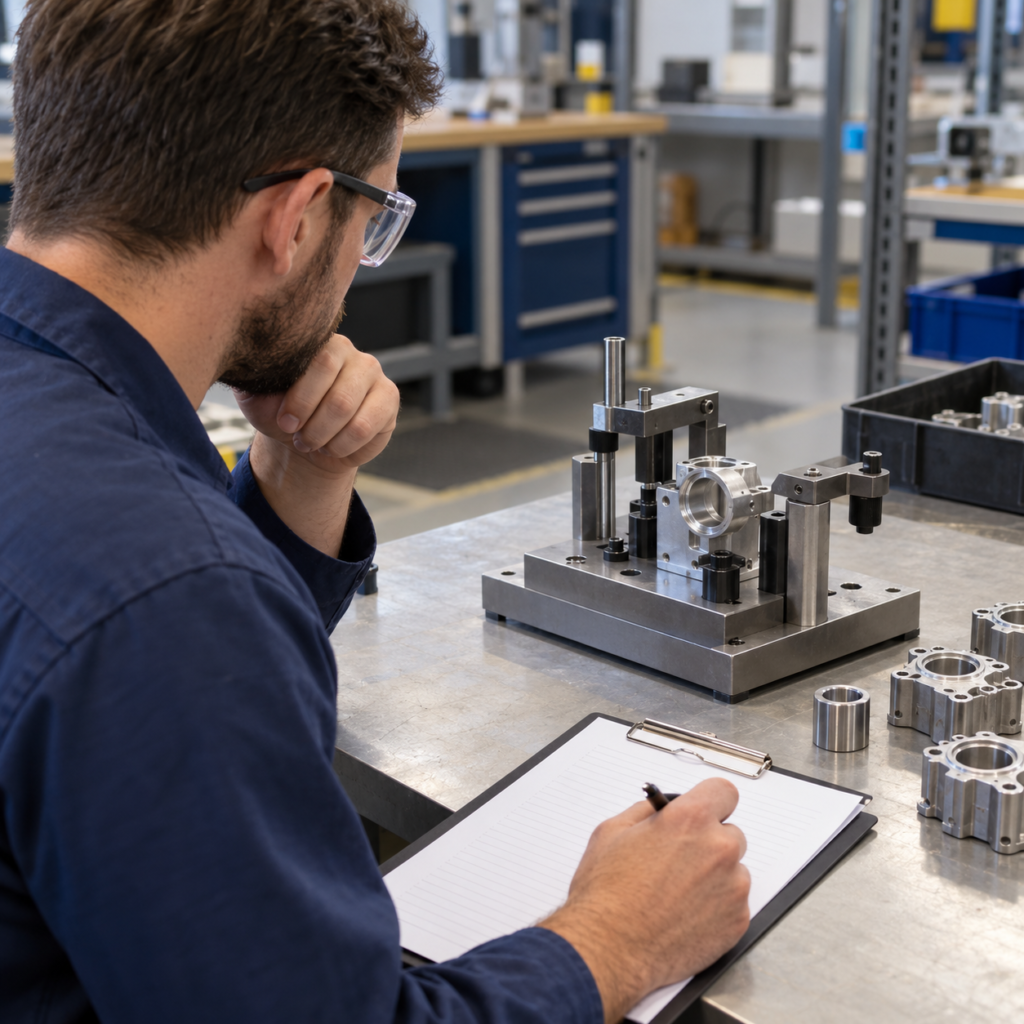Reviewer wearing safety glasses examines a metal inspection fixture beside unmarked components and a clipboard at a manufacturing workbench.