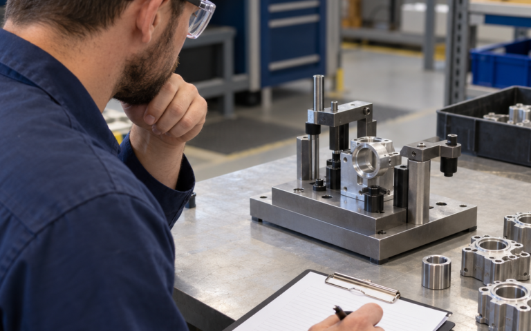Reviewer wearing safety glasses examines a metal inspection fixture beside unmarked components and a clipboard at a manufacturing workbench.