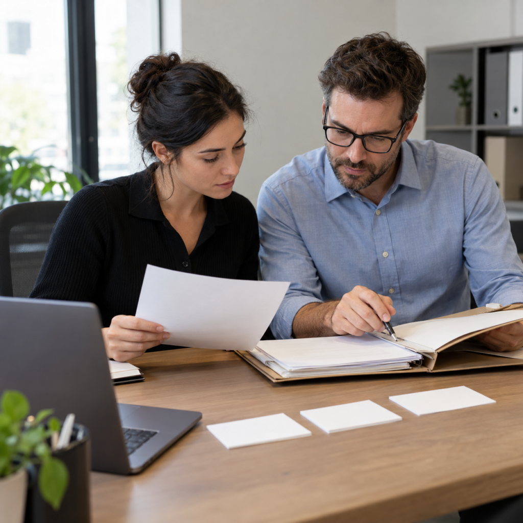 Two colleagues review papers in an open folder beside a laptop and three blank cards on a desk.