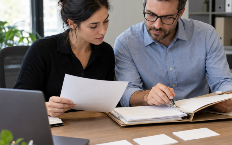 Two colleagues review papers in an open folder beside a laptop and three blank cards on a desk.
