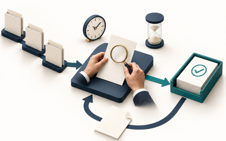 Illustration of hands reviewing a document in a workflow with a clock, hourglass, accepted-document tray and correction loop.